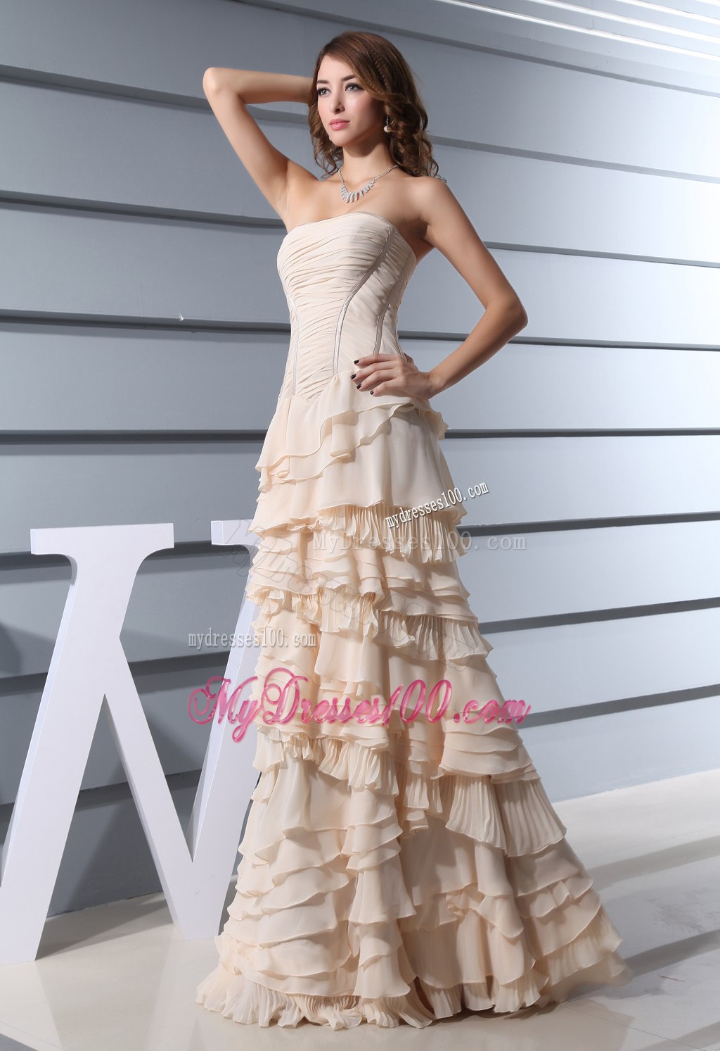 Strapless Ruffled Layers long 2013 Champagne Celebrity Dresses