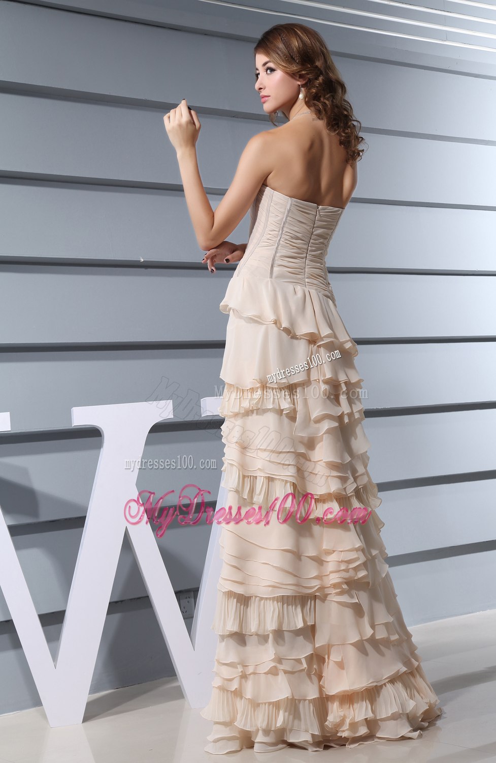 Strapless Ruffled Layers long 2013 Champagne Celebrity Dresses