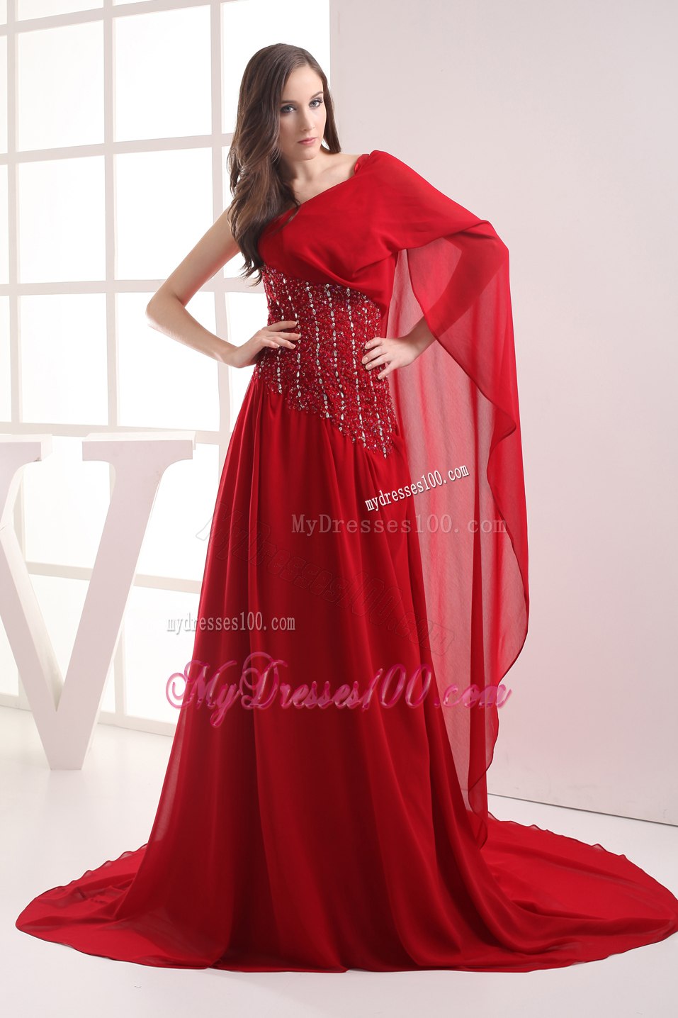 Red One Shoulder Beading Celebrity Dresses for Custom Made