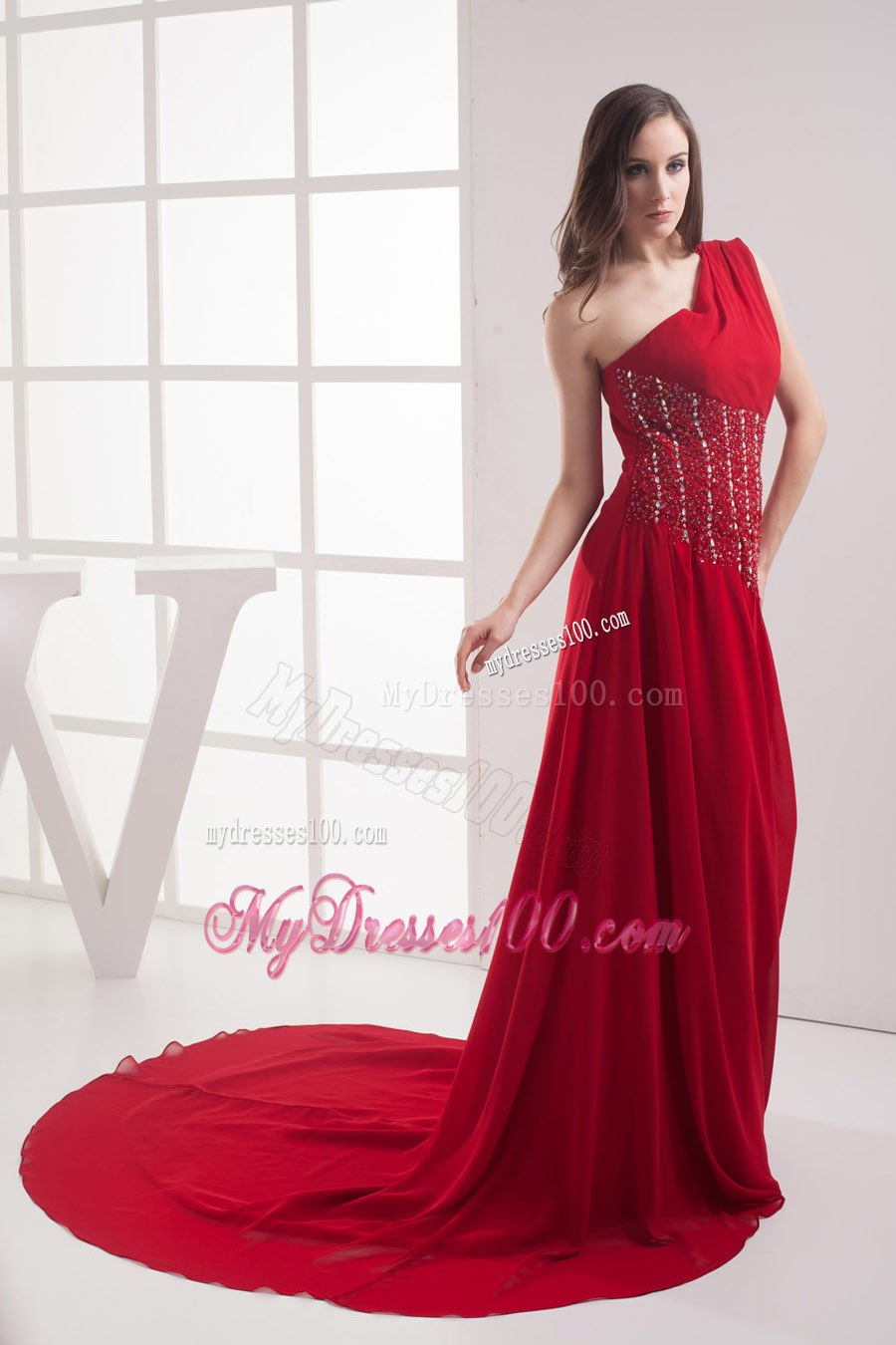 Red One Shoulder Beading Celebrity Dresses for Custom Made