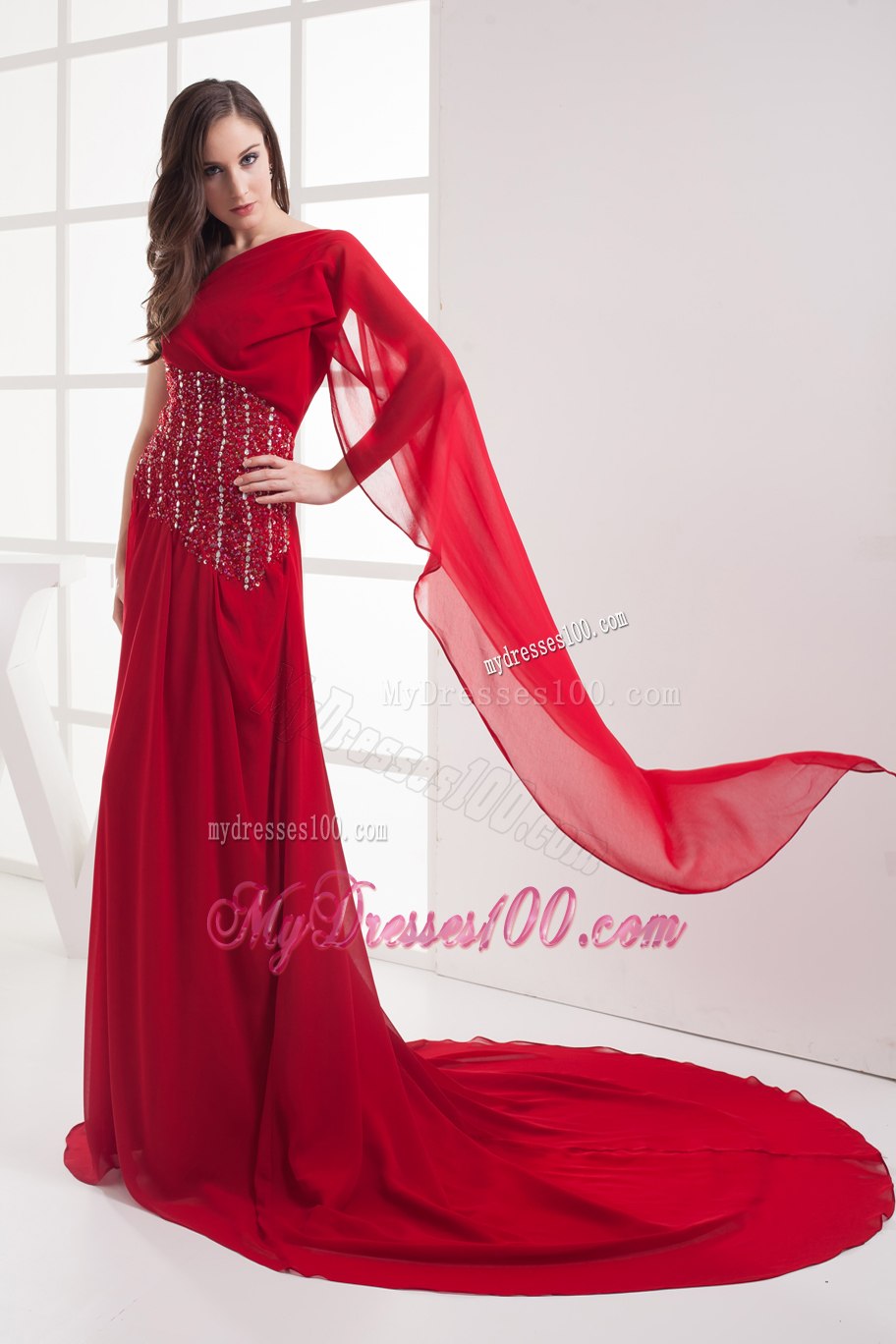 Red One Shoulder Beading Celebrity Dresses for Custom Made