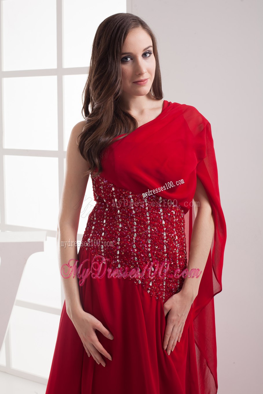 Red One Shoulder Beading Celebrity Dresses for Custom Made