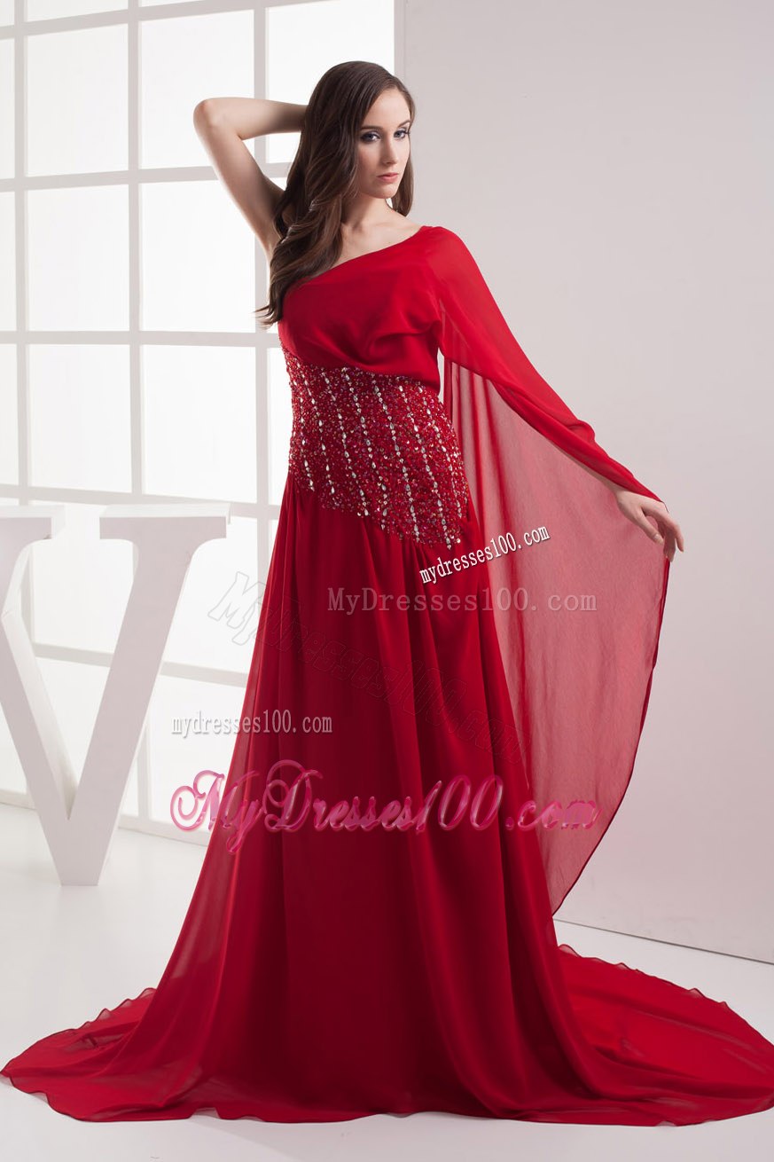 Red One Shoulder Beading Celebrity Dresses for Custom Made