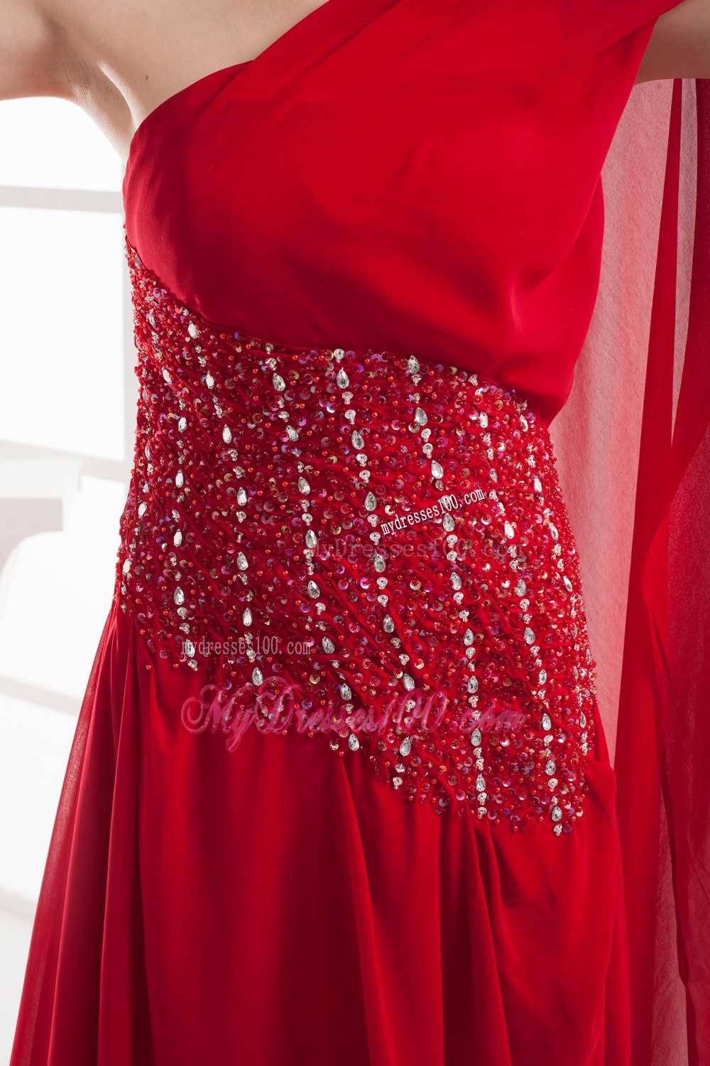 Red One Shoulder Beading Celebrity Dresses for Custom Made