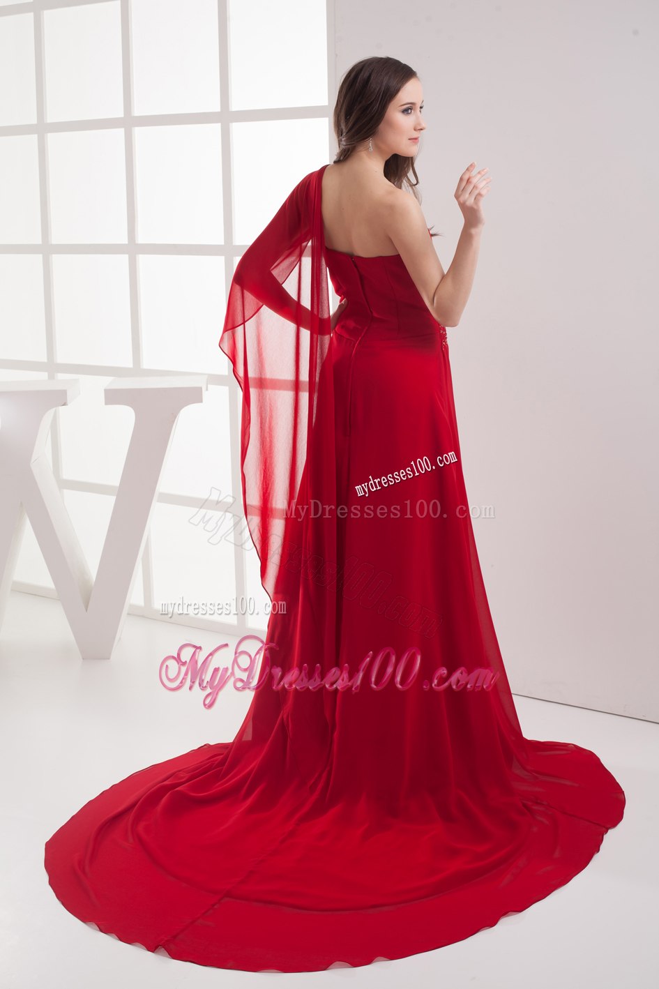 Red One Shoulder Beading Celebrity Dresses for Custom Made