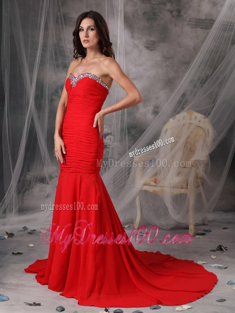 Elegant Red Mermaid Celebrity Dresses Sweetheart with Beading