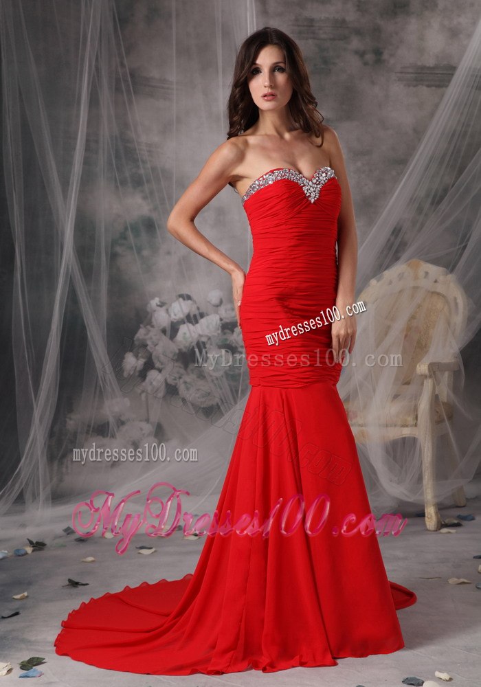 Elegant Red Mermaid Celebrity Dresses Sweetheart with Beading
