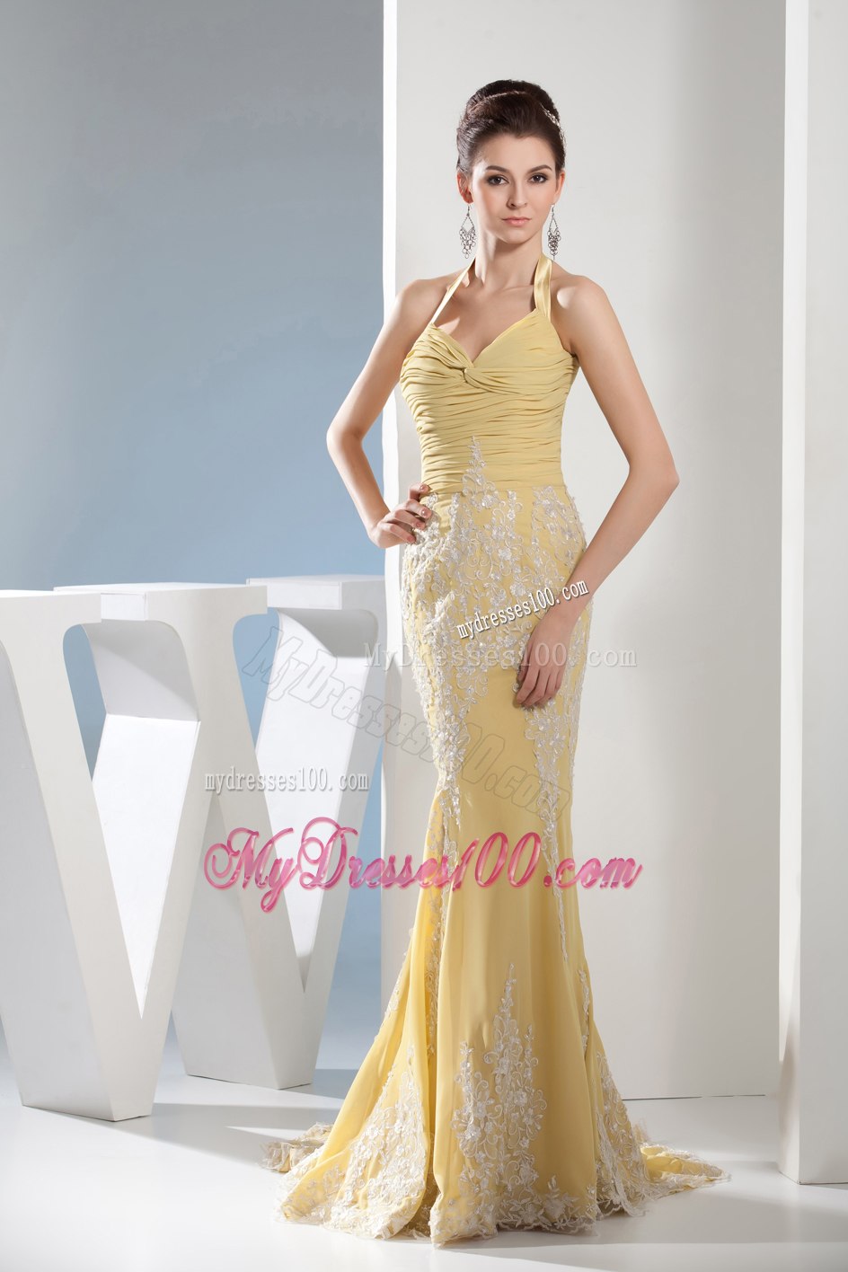 Appliques Mermaid Halter Ruching Gold Celebrity Dresses in 2013