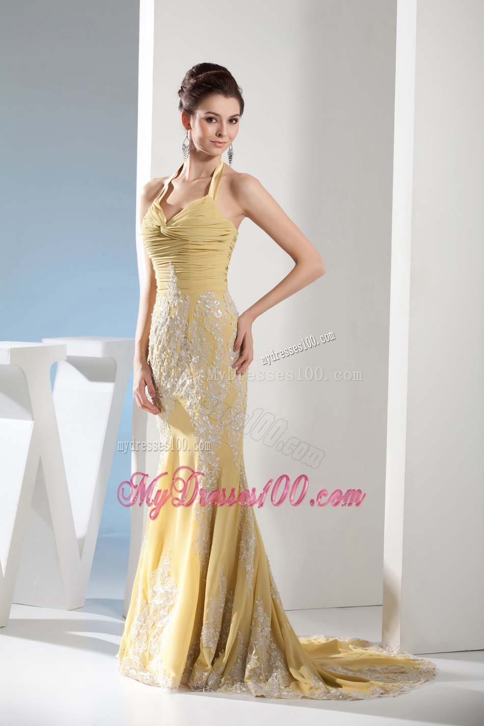 Appliques Mermaid Halter Ruching Gold Celebrity Dresses in 2013