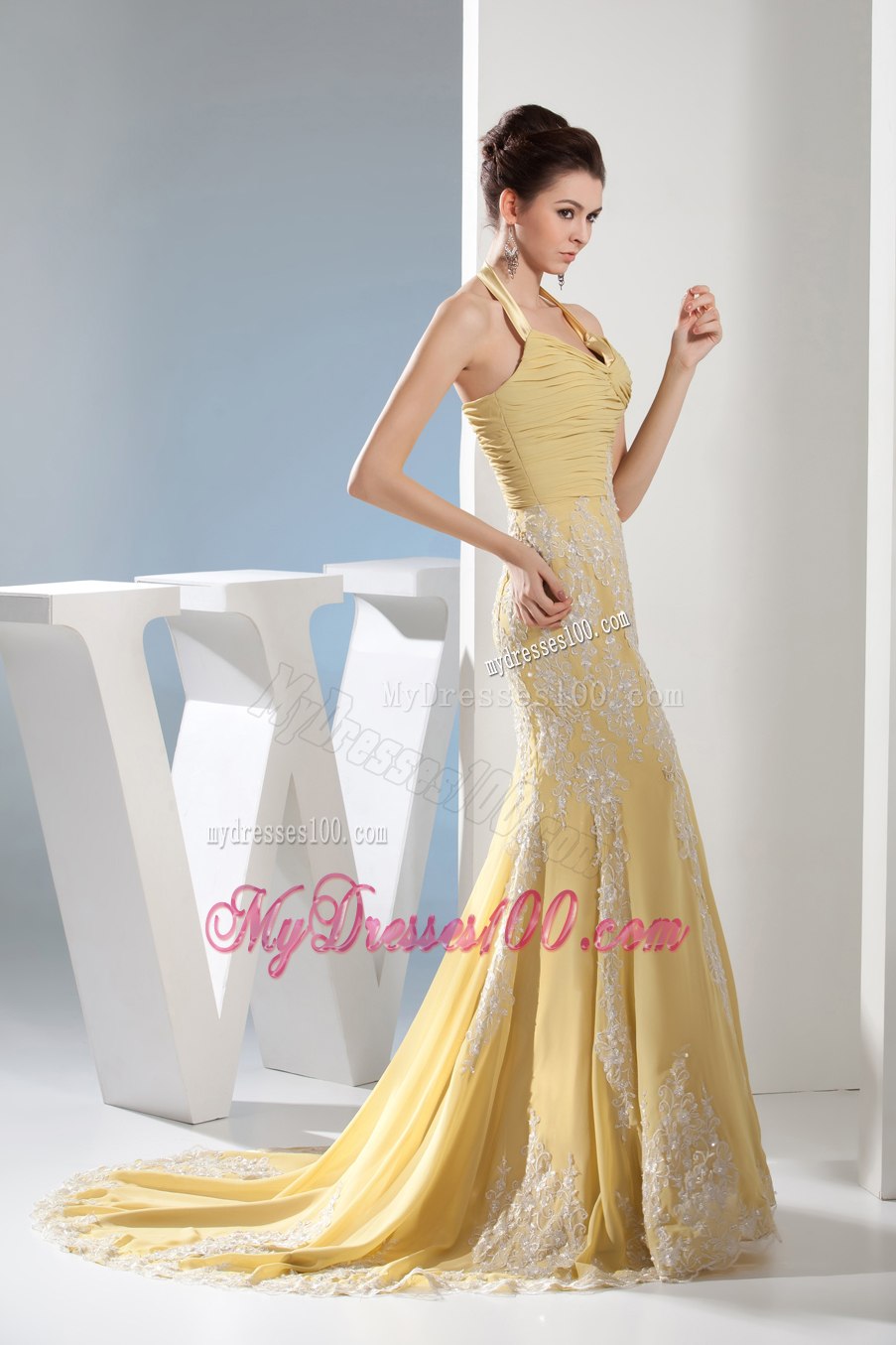 Appliques Mermaid Halter Ruching Gold Celebrity Dresses in 2013