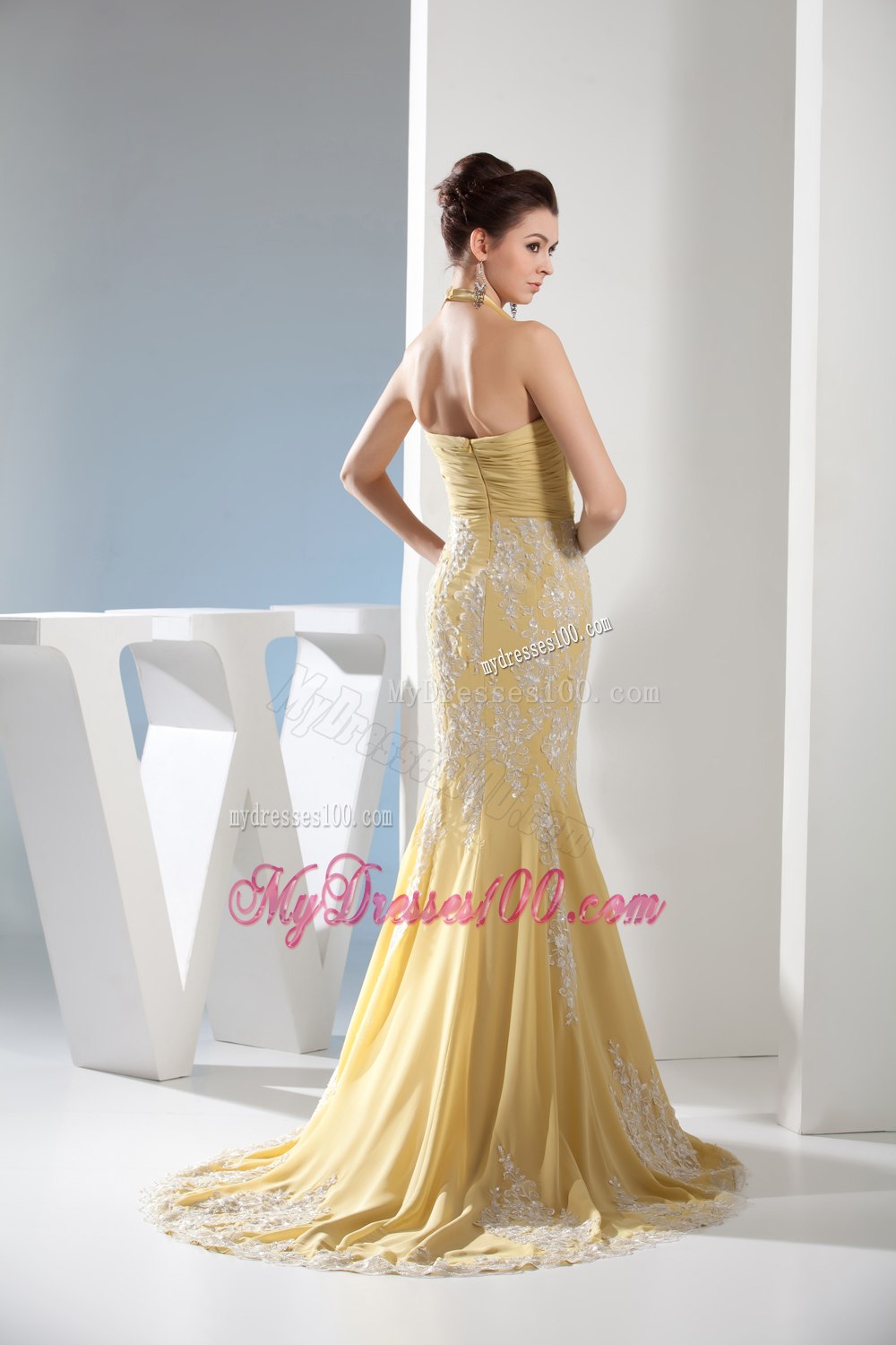 Appliques Mermaid Halter Ruching Gold Celebrity Dresses in 2013