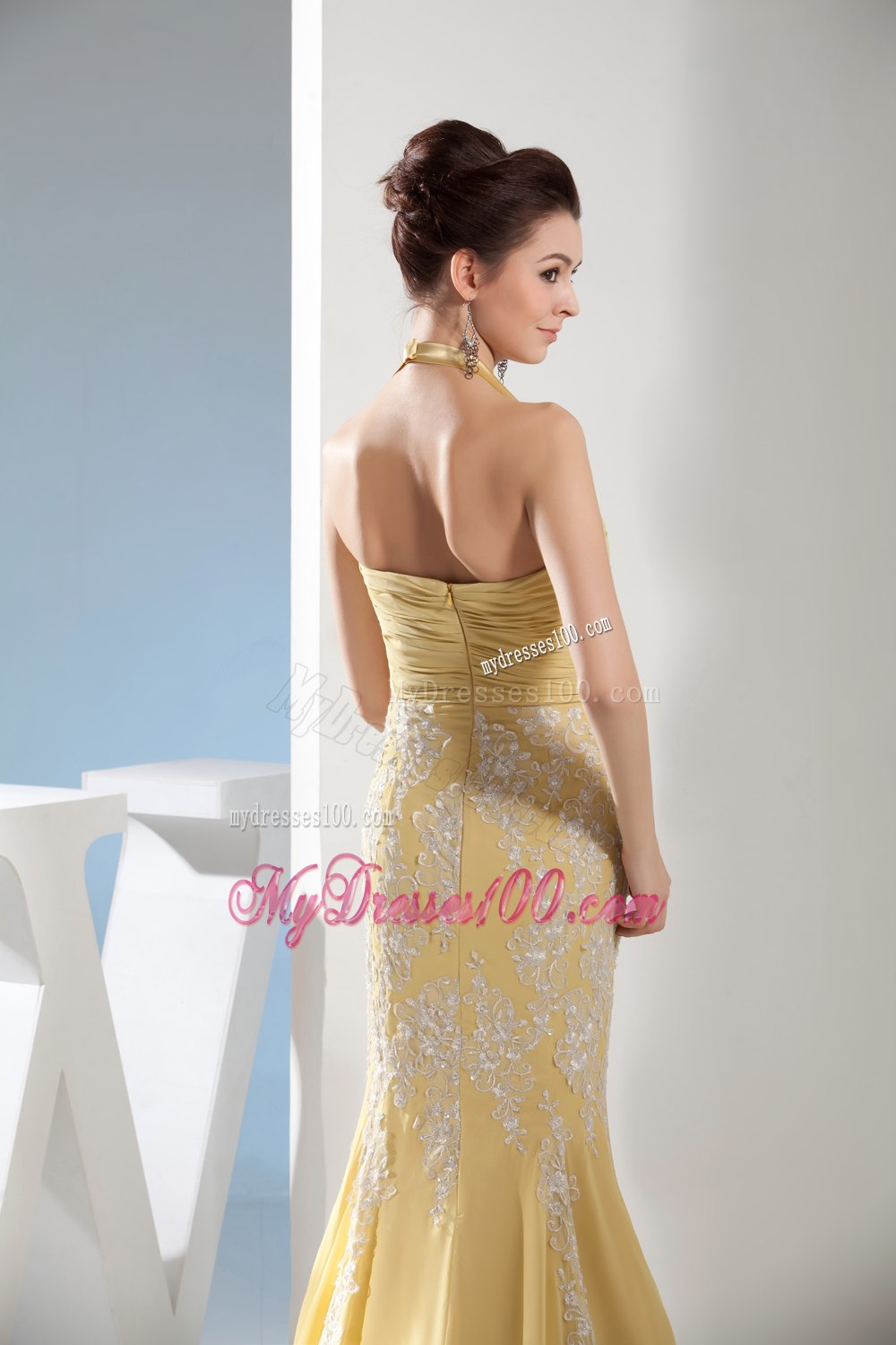 Appliques Mermaid Halter Ruching Gold Celebrity Dresses in 2013
