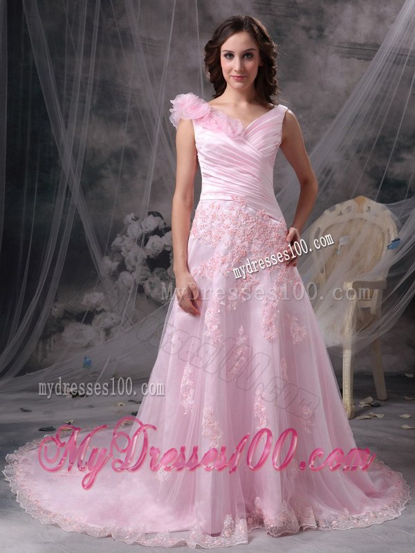 Pretty Baby Pink V-neck Celebrity Dresses with Appliques and Ruche