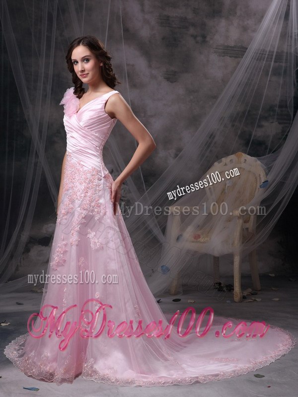 Pretty Baby Pink V-neck Celebrity Dresses with Appliques and Ruche