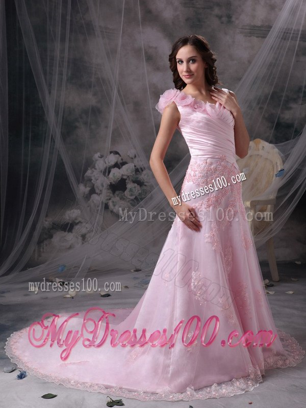 Pretty Baby Pink V-neck Celebrity Dresses with Appliques and Ruche