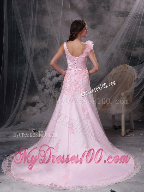 Pretty Baby Pink V-neck Celebrity Dresses with Appliques and Ruche