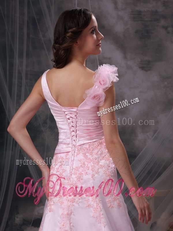 Pretty Baby Pink V-neck Celebrity Dresses with Appliques and Ruche