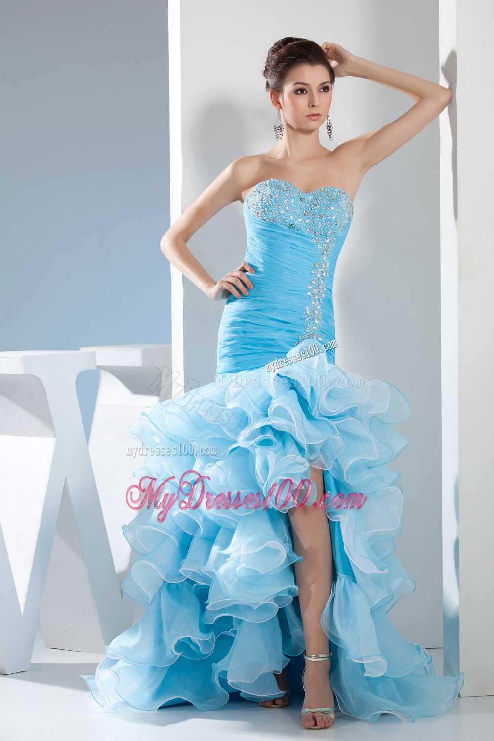 Beading Mermaid Sweetheart High-low Aqua Blue Celebrity Dresses
