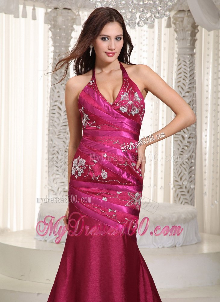 Fuchsia Column Halter Embroidery Celebrity Dresses for Cheap 2013