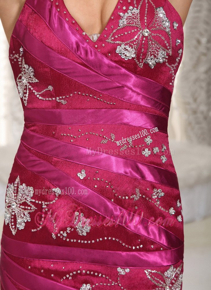 Fuchsia Column Halter Embroidery Celebrity Dresses for Cheap 2013