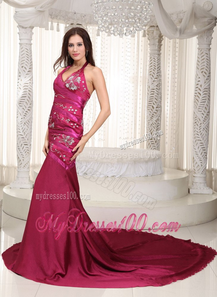 Fuchsia Column Halter Embroidery Celebrity Dresses for Cheap 2013
