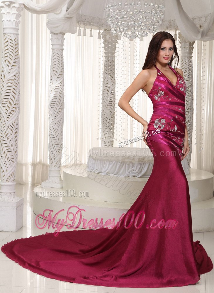 Fuchsia Column Halter Embroidery Celebrity Dresses for Cheap 2013
