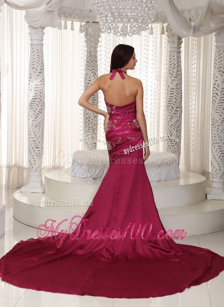Fuchsia Column Halter Embroidery Celebrity Dresses for Cheap 2013