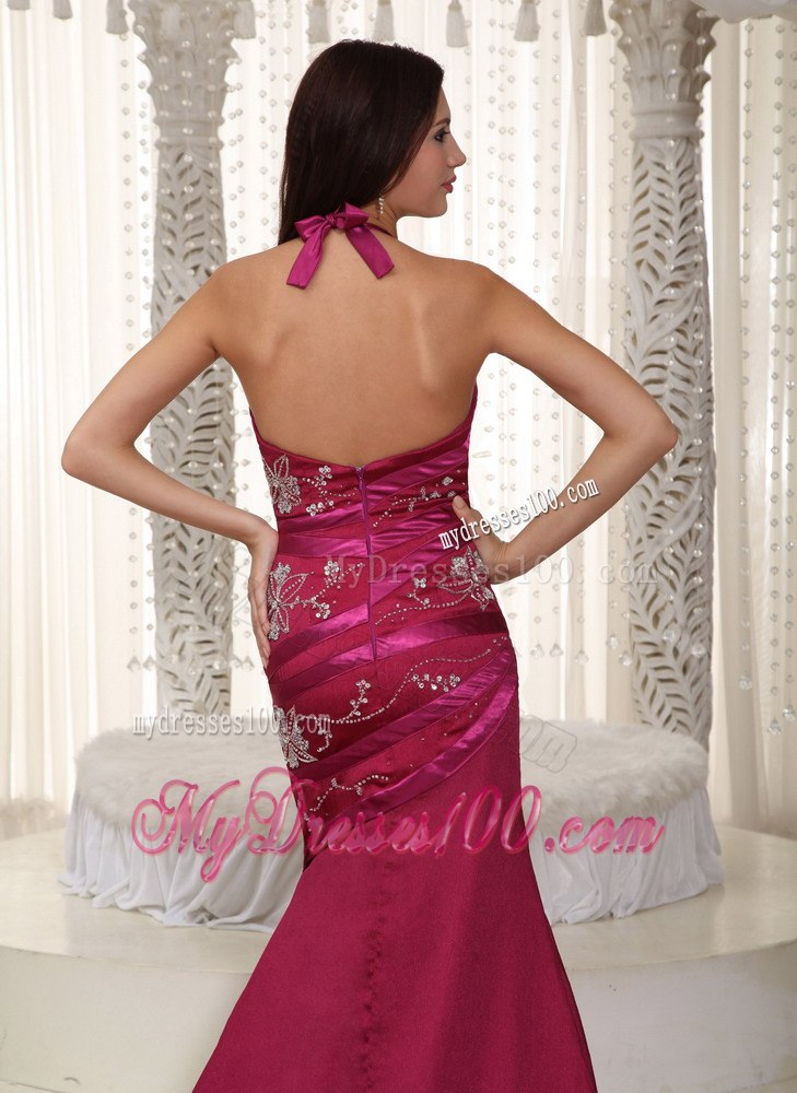 Fuchsia Column Halter Embroidery Celebrity Dresses for Cheap 2013