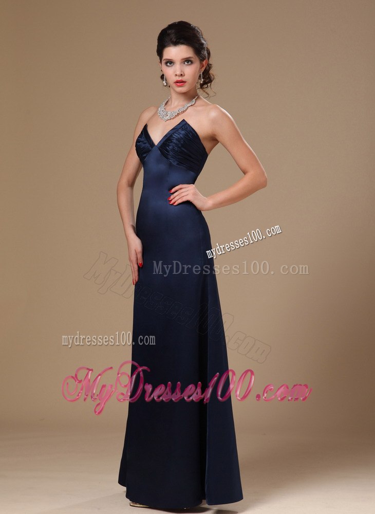 Navy Blue Satin Column V-neck Stylish Celebrity Dress For Custom Made