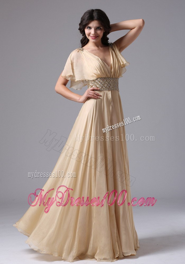 Champagne V-neck and Beaded Decorate Waist For Celebrity Dresses