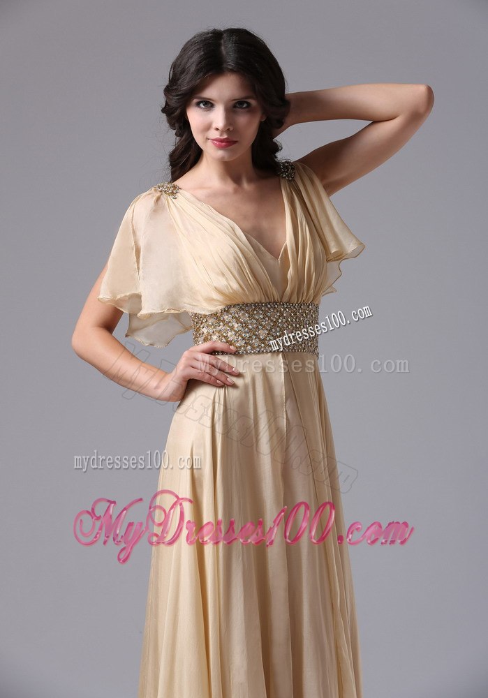 Champagne V-neck and Beaded Decorate Waist For Celebrity Dresses