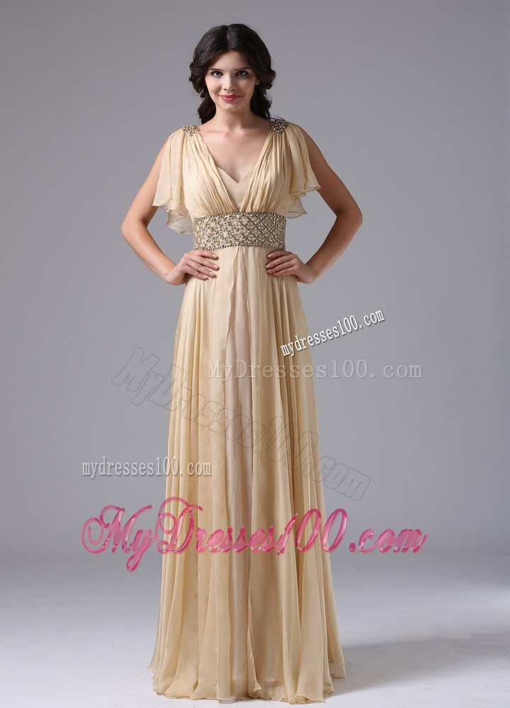 Champagne V-neck and Beaded Decorate Waist For Celebrity Dresses