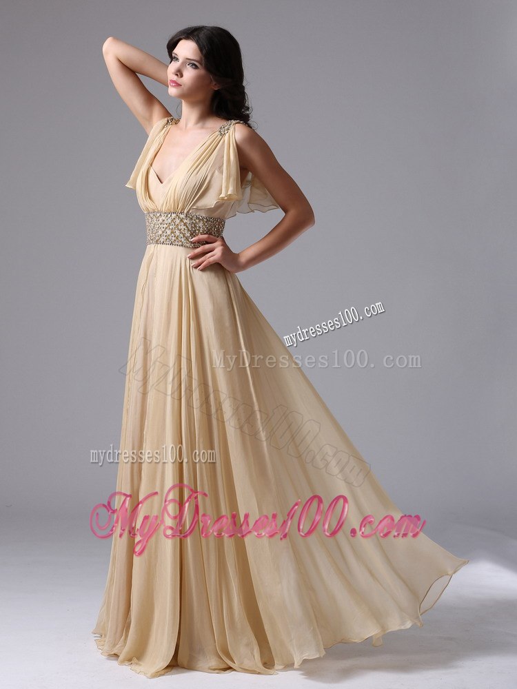 Champagne V-neck and Beaded Decorate Waist For Celebrity Dresses