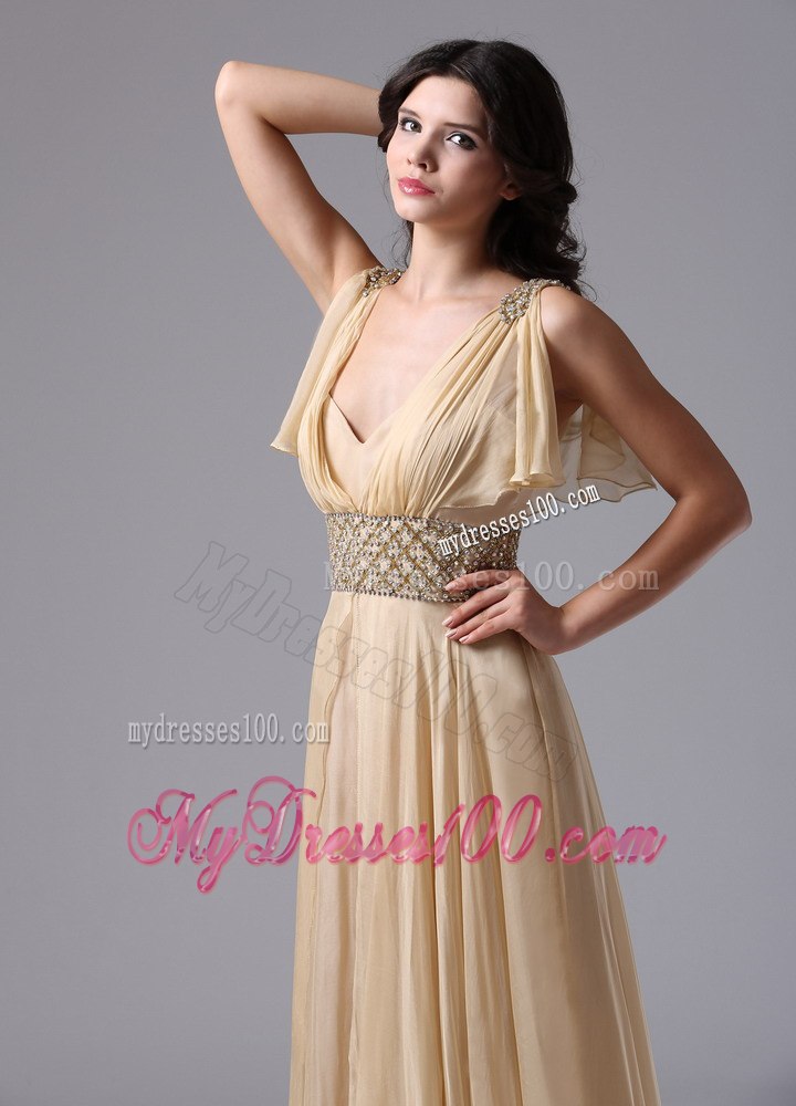 Champagne V-neck and Beaded Decorate Waist For Celebrity Dresses