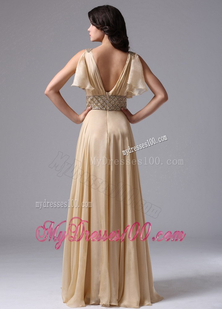Champagne V-neck and Beaded Decorate Waist For Celebrity Dresses