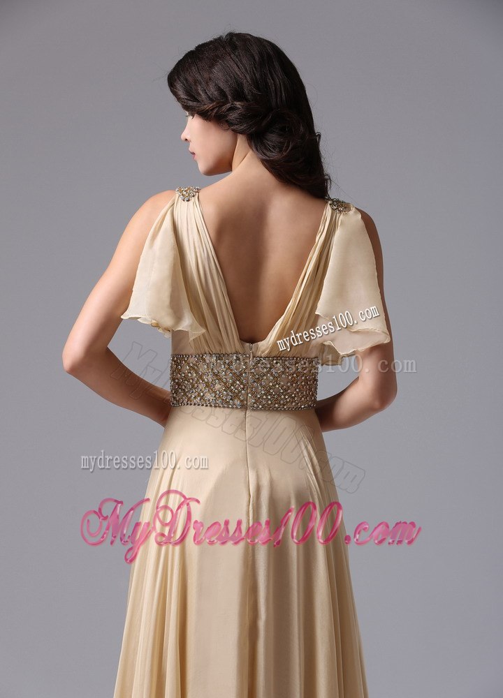 Champagne V-neck and Beaded Decorate Waist For Celebrity Dresses