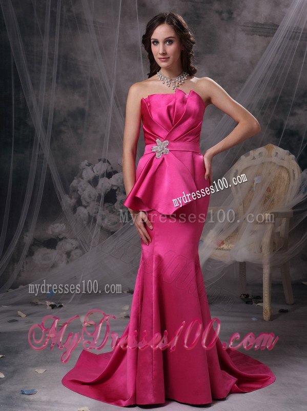 Pretty Hot Pink Mermaid Celebrity Dresses Strapless Beading and Ruches