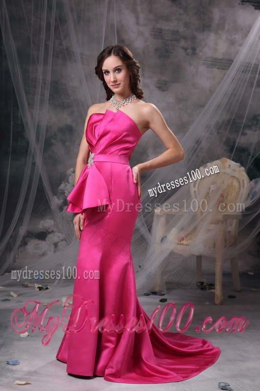 Pretty Hot Pink Mermaid Celebrity Dresses Strapless Beading and Ruches
