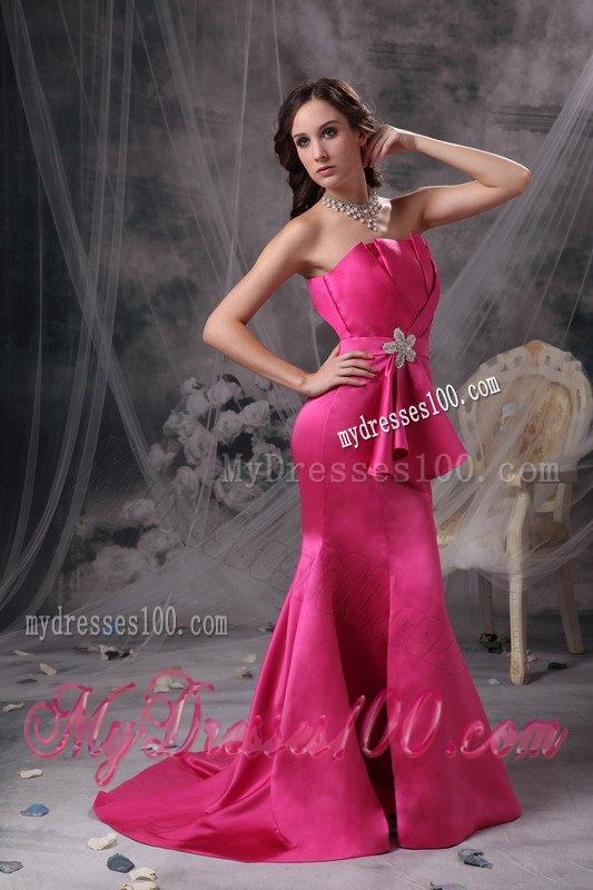 Pretty Hot Pink Mermaid Celebrity Dresses Strapless Beading and Ruches