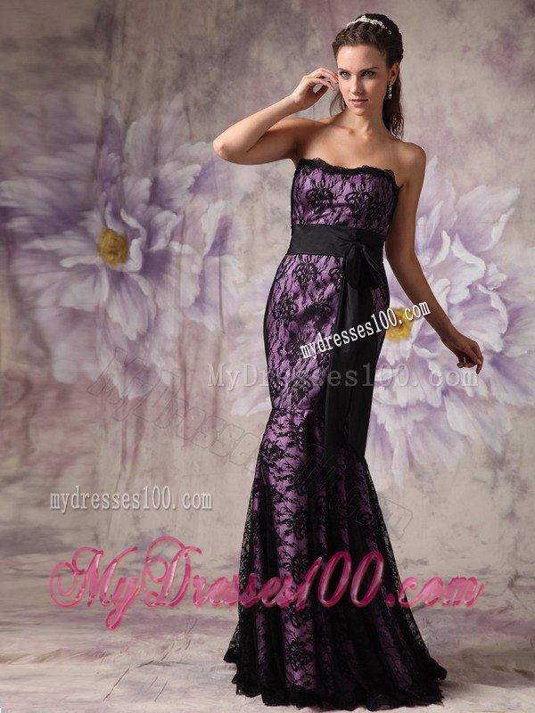 Eggplant Purple and Black Celebrity Dresses with Strapless Lace Sashes