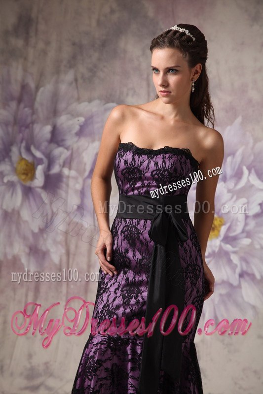 Eggplant Purple and Black Celebrity Dresses with Strapless Lace Sashes