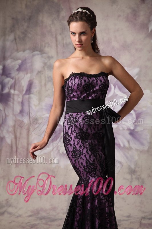 Eggplant Purple and Black Celebrity Dresses with Strapless Lace Sashes