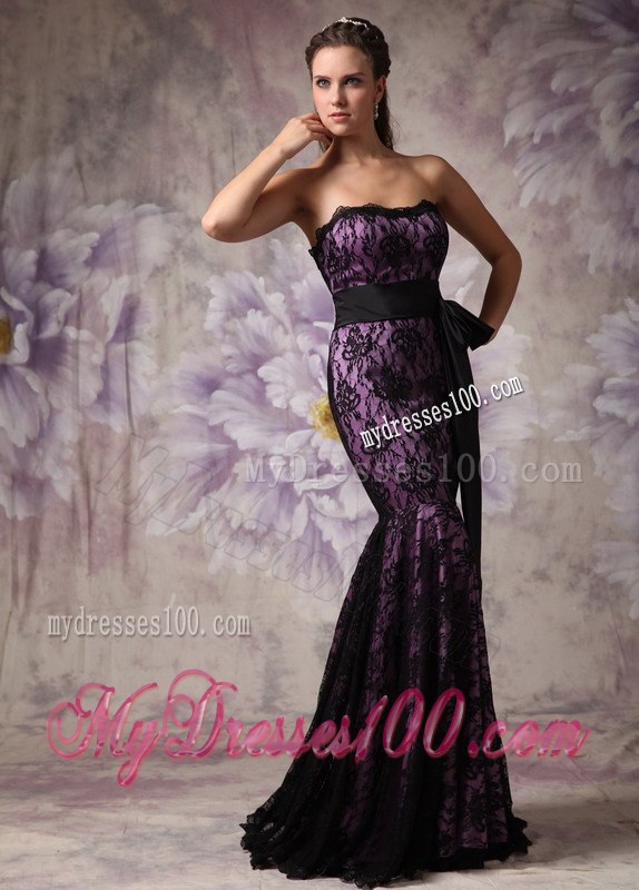 Eggplant Purple and Black Celebrity Dresses with Strapless Lace Sashes