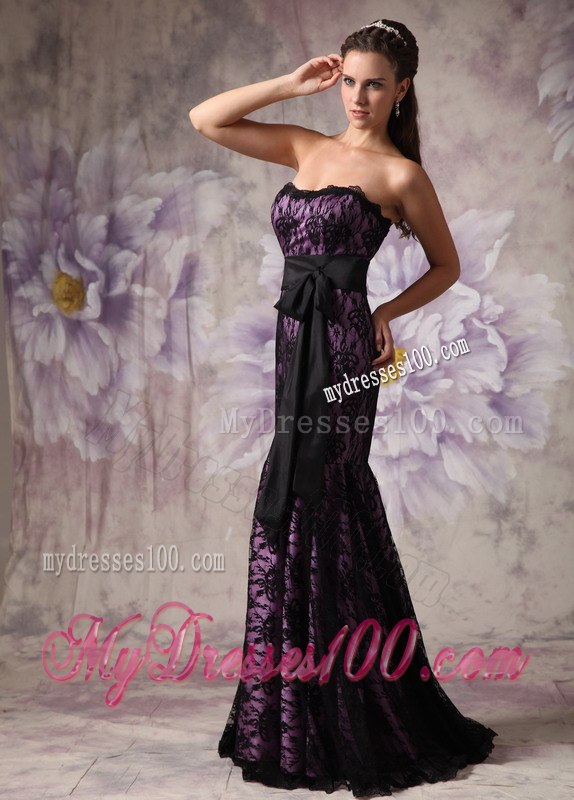 Eggplant Purple and Black Celebrity Dresses with Strapless Lace Sashes
