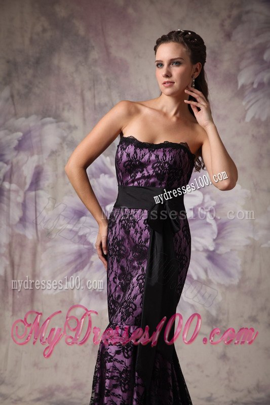 Eggplant Purple and Black Celebrity Dresses with Strapless Lace Sashes