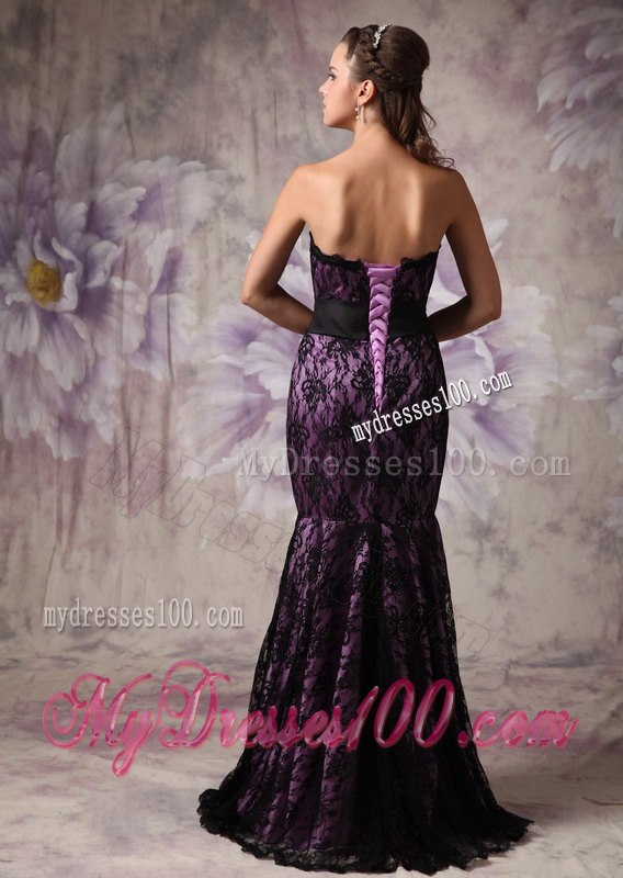 Eggplant Purple and Black Celebrity Dresses with Strapless Lace Sashes