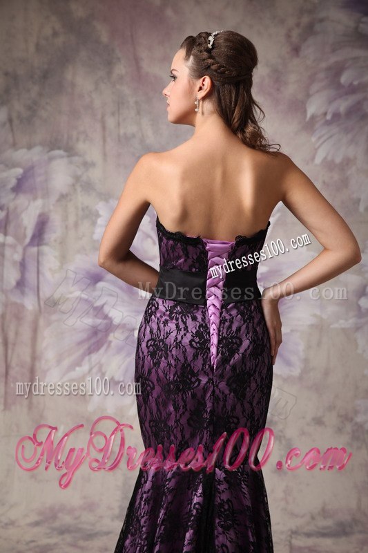 Eggplant Purple and Black Celebrity Dresses with Strapless Lace Sashes
