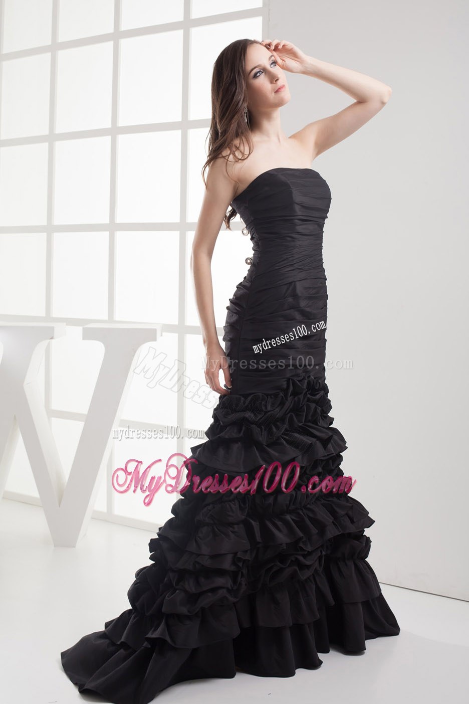 Mermaid Strapless Black Ruching Ruffles Celebrity Dresses in 2013