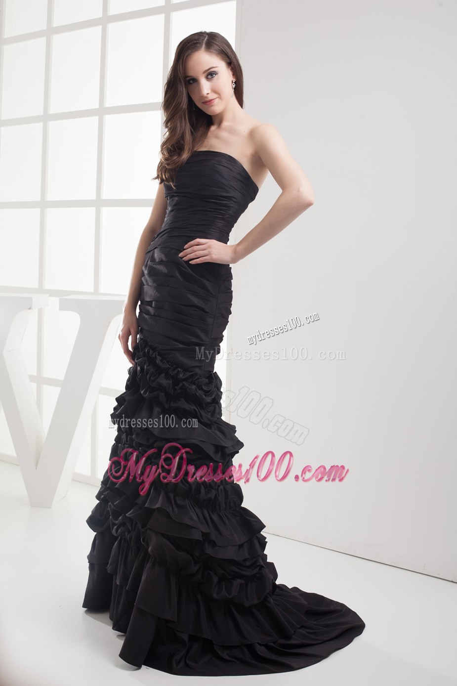 Mermaid Strapless Black Ruching Ruffles Celebrity Dresses in 2013
