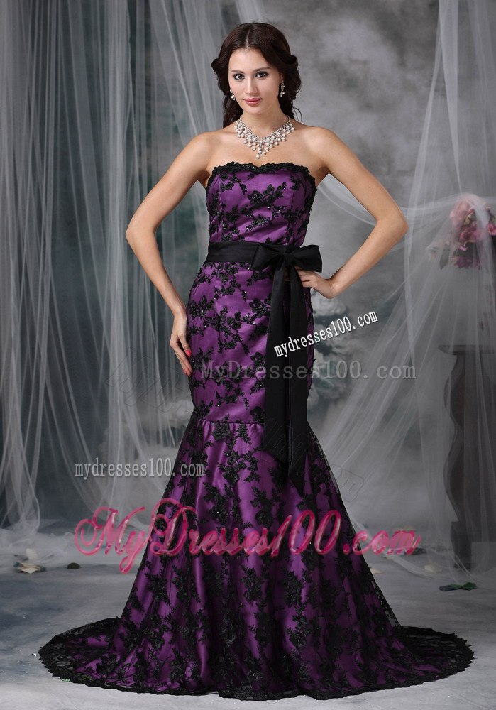 2013 Black and Purple Mermaid Strapless Sash Lace Celebrity Dress